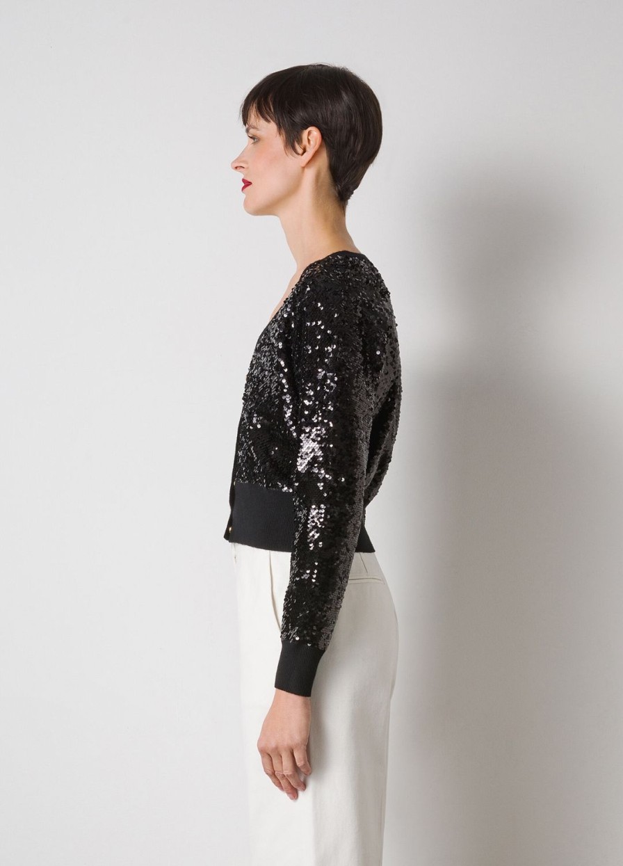 Habillement LES COPAINS Cardigans | Cardigan Noir A Paillettes Nero