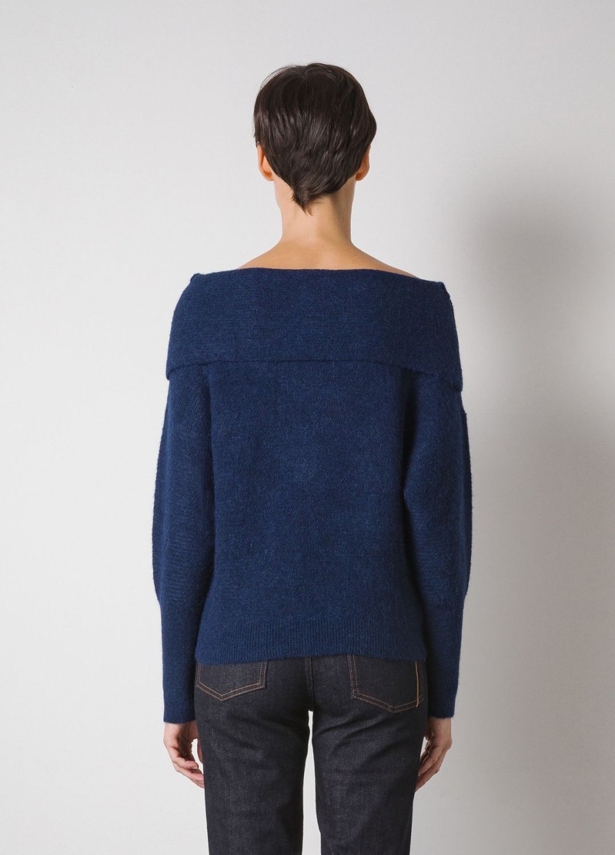 Habillement LES COPAINS Tricots | Pull Bleu Marine A Epaules Denudees En Tricot De Laine Melangee D'Alpaca Blunavy