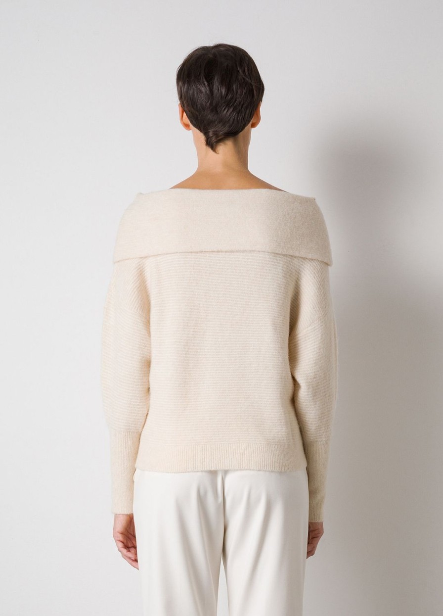 Habillement LES COPAINS Tricots | Pull Blanc Craie A Epaules Denudees En Tricot De Laine Melangee D'Alpaca Biancopanna