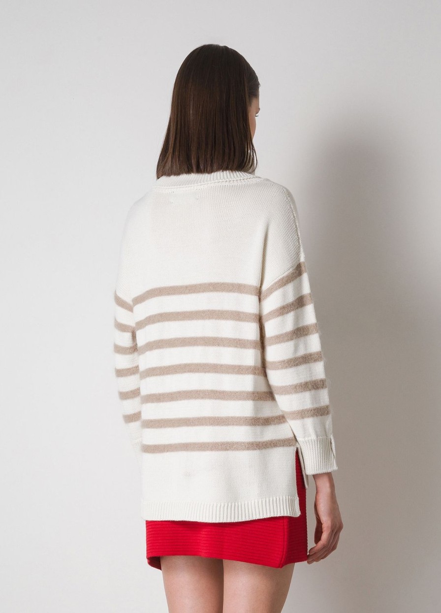 Habillement LES COPAINS Tricots | Pull Raye En Laine Vierge Melangee Biancomarrone