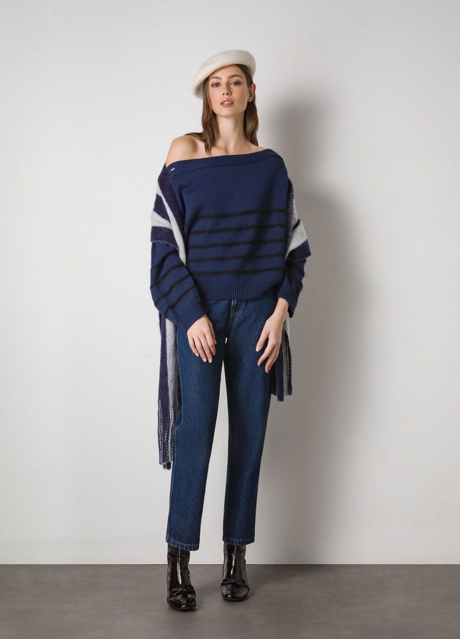 Habillement LES COPAINS Tricots | Pull Raye En Laine Vierge Melangee Bluscuro