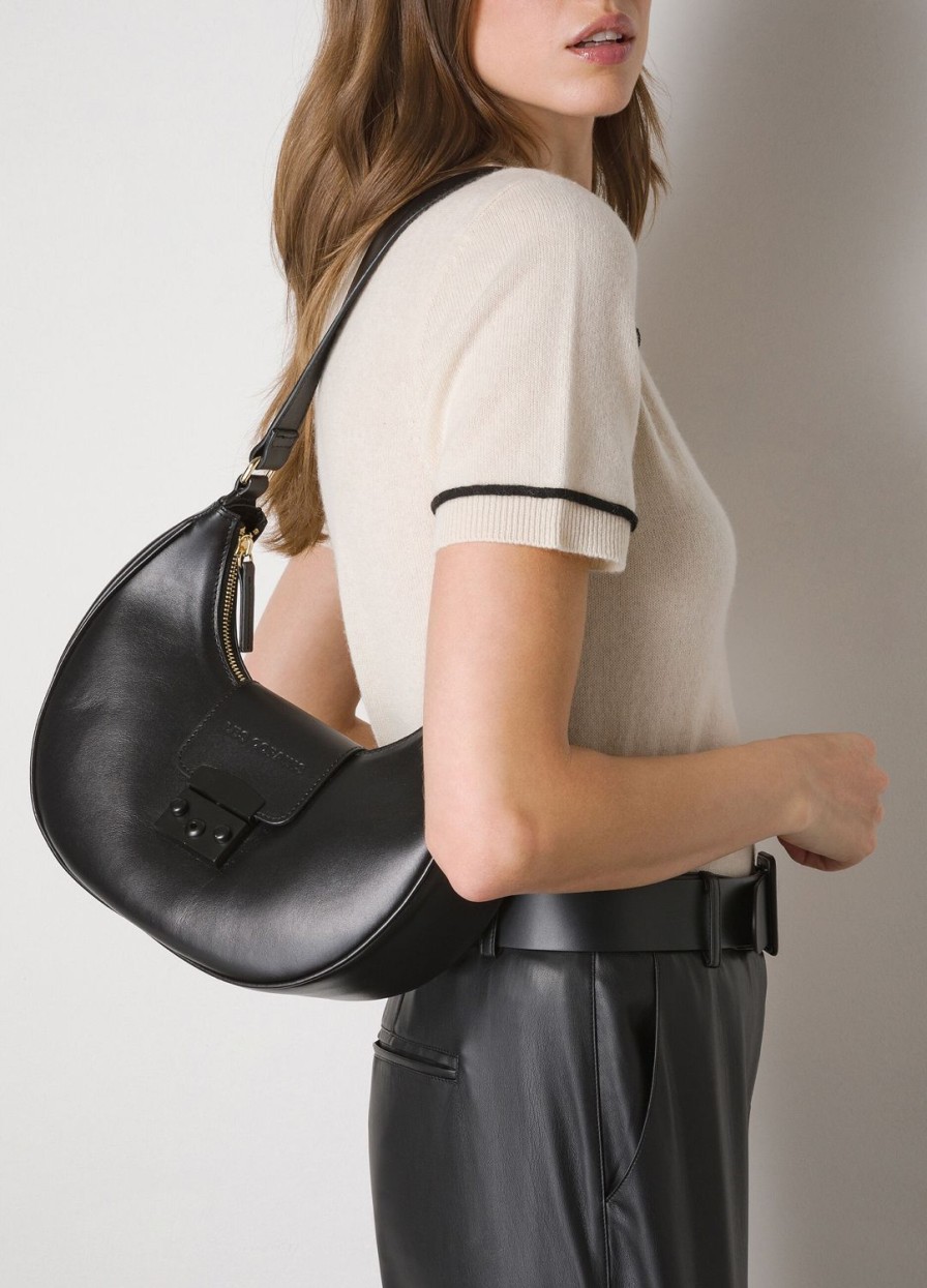 Accessoires LES COPAINS Sacs Portes Epaule | Sac D'Epaule Hobo Noir En Cuir Veritable Nero