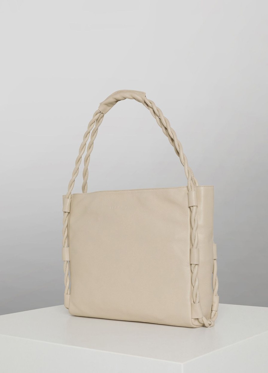 Accessoires LES COPAINS Sacs Portes Epaule | Sac D'Epaule Tote Bag Beige Pale En Cuir Veritable Beigechiaro